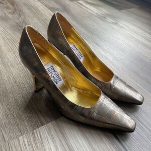 Vtg Timothy Hitsman Iridescent‎ Bronze Croc Leather Gold Heel Accent 5.5 M